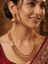 Gold Plated Multilayered Matar Mala Long Necklace with Red Stones and Matching Jhumki Earrings