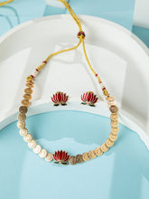 Gold Plated Lakshmi Coin Necklace with Lotus Pendant and Matching Meenakari Earrings