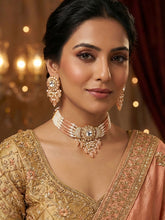Multilayered Chain Peach Beads and Kundan Choker Necklace Set with Earrings
