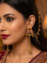 Matte Gold Plated Kundan and Ruby Kashmiri Earrings with Ear Chain