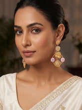 Matte Gold Plated Peacock Earrings with White Kundan and Pink Stones