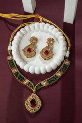 24K Gold Plated Red, Green and White CZ Stones Necklace Set with Earrings