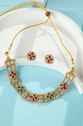 24K Gold Plated Triple Layered Choker Necklace with Green and Red Stones and Stud Earrings