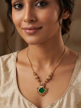 24K Gold Plated Antique Necklace with Green Glass and Red Stone Pendant