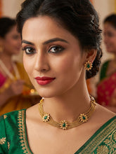 24K Gold Plated Multilayered Chain Choker Necklace with Green Emerald Stone and Floral Earrings