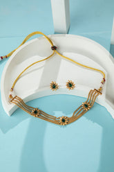 24K Gold Plated Multilayered Chain Choker Necklace with Green Emerald Stone and Floral Earrings