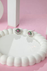 Rhodium Plated Red and Green American Diamond Earrings