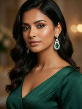 Rhodium Plated White and Green American Diamond Earrings