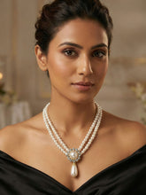 Elegant Double Layered Faux Pearl Necklace with CZ Pendant