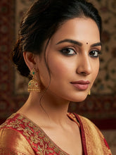 Elegant Gold Plated Jhumki Earrings with Red and Green Stones