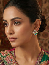 Gold Plated Square Navratan Earrings with White CZ Stones