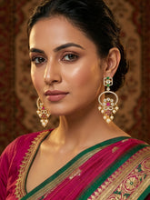 Gold Plated Floral Stone and Pearl Long Earrings