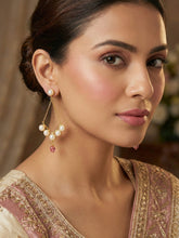 Matte Gold Plated Pearl and Red Stone Long Dangler Earrings