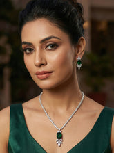Rhodium Plated White and Green AD Emerald Statement Necklace Set