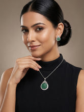Rhodium Plated White and Green AD Pendant and Earrings Set