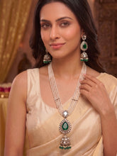Elegant Pearl and Emerald Kundan Layered Necklace Set with Long Earrings