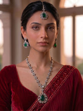 Gold Plated Floral Emerald CZ Necklace Set with Waterdrop Earrings And Maang Tikka