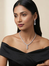 Rhodium Plated Triple Heart AD Tennis Necklace Set with Earrings