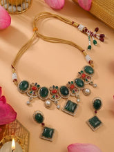 Matte Gold Multicolor Marble Stone Choker Necklace Set with Earrings