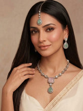 Gold Plated Pink and Cyan Kundan CZ Necklace Set with Earrings