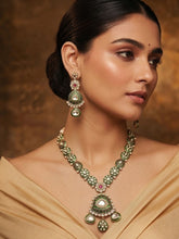 Traditional Green Kundan and Ruby Dangler Necklace Set with Earrings