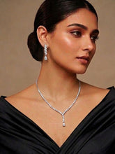Rhodium Plated White AD Statement Necklace Set with Earrings