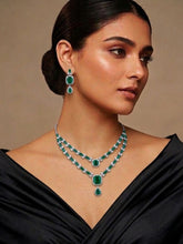 Rhodium Plated Green and White AD Double Layered Necklace Set with Earrings