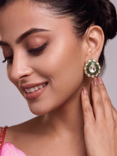 Designer Waterdrop Style White Kundan Green Meena Stud Earrings