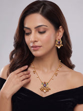 Amethyst Purple CZ Stone with Ghungroo and Pearl Chain Pendant Earring Set