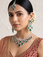 Rhodium Plated Green American Diamond Necklace Jewellery Set with Maang Tikka