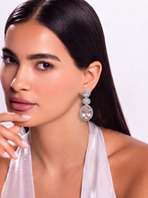 Pink Oval Crystal Halo Drop Earrings in Silver Tone