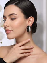 Black Crystal Pearl Hoop Earrings in Silver Tone