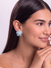 Blue Floral Crystal Stud Earrings Silver Plated Statement Jewellery