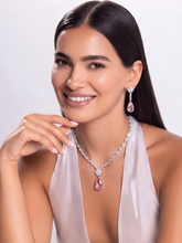 Pink Teardrop Crystal Necklace and Drop Earrings Set Silver Plated Statement Jewellery