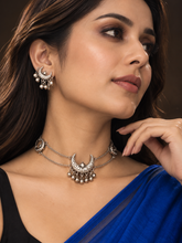 Silver Plated Crescent Moon Ghungroo Necklace and Earrings Set