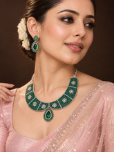 Silver Plated Green Stone Floral Necklace and Earrings Set