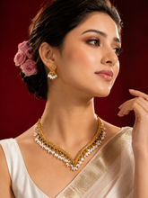 Gold Plated Traditional Necklace and Earrings Set with White Bead Details