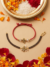 Gold Plated Om Bhaiya Bhabhi Rakhi Set with Black Beads
