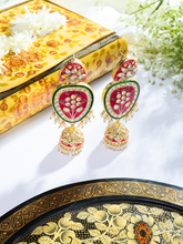 24K Gold-Plated Pink and Green Meenakari Earring Set with Kundan and Pearls