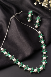 Lavish Pearls Emerald Green American Diamond Necklace Set