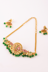 Antique Gold Plated emerald ruby peacock choker necklace set with earrings