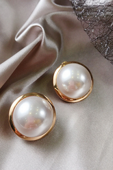 Gold Toned Big White Pearl Stud Earring