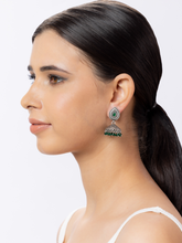 Green Stone Silver Oxidized Jhumki Earrings