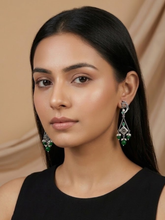 Silver Oxidized earring with green and pearl beads