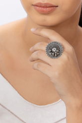 Silver Oxidised Adjustable Ring with Ghungroos