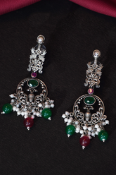 Long Oxidised Earrings with Green and Red Stone