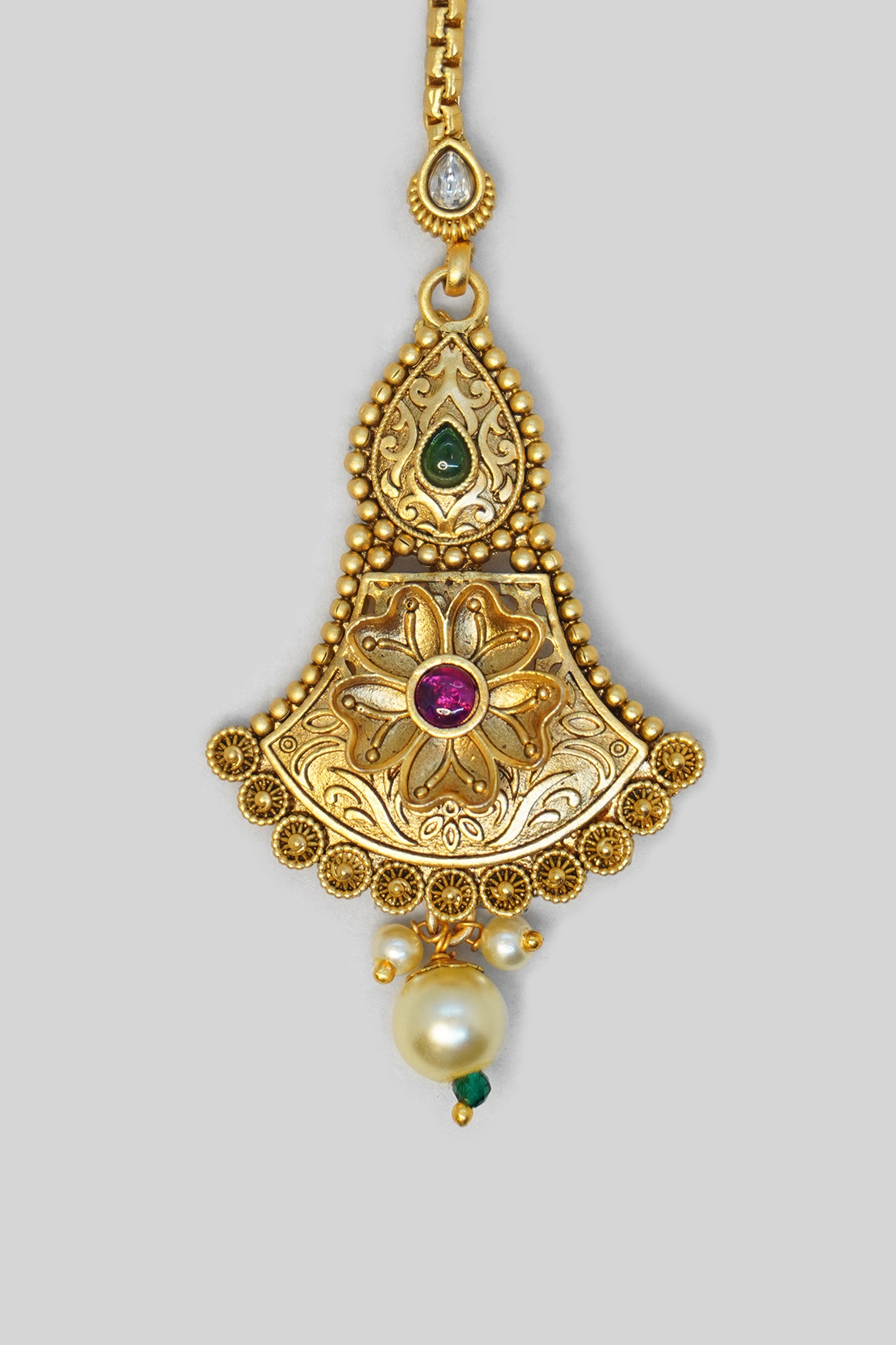 Gold Plated Pearl And Kundan Pink Stylish Maangtikka