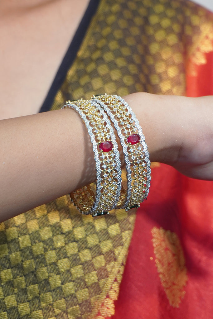 Gold-Plated Red And Green Stone With CZ Bangles For Women 