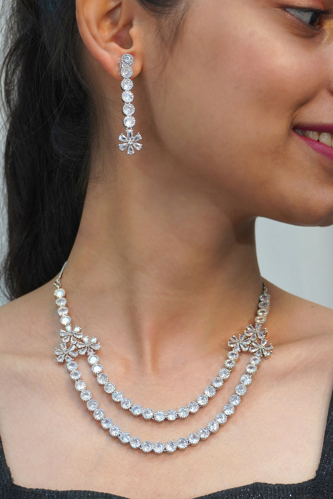 Silver Rhodium Plated AD Double Layer Necklace Set