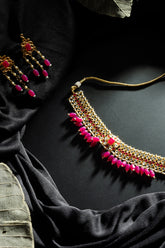 Gold-Plated Water Drop Kundan and Pink Stones Necklace Set with Earrings